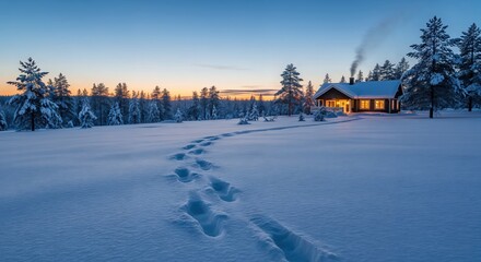 A Cozy Wooden Cabin Surrounded by a Winter Wonderland at Dusk with Snow-Covered Ground and Footprints Leading to the Warmly Lit Entrance