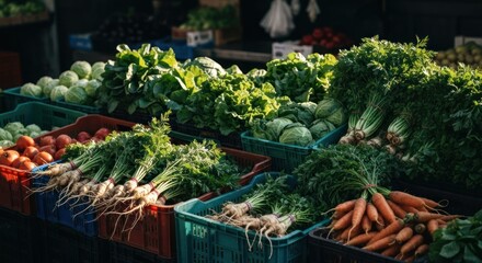 Fototapeta premium Fresh vegetables and greens displayed in colorful crates at a farmers' market stall