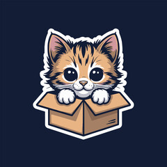 A cartoon orange tabby cat with big eyes peeking out of a cardboard box on a dark blue background