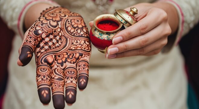 Intricate Mehndi Design on Female Hand with Decorative Container for Festive Celebration in South Asian Culture