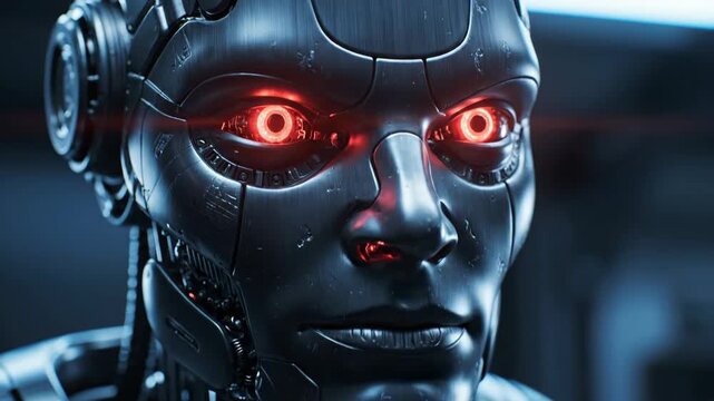Close-up of Futuristic Robot Face - This is a close-up shot of a robot's face with glowing red eyes, giving it a futuristic or sci-fi feel. The robot has a metallic texture and a serious expression.