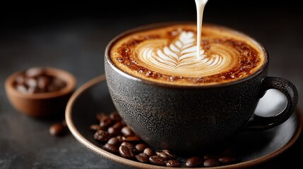 Pouring Cream into Coffee with Latte Art in a Dark Ceramic Cup