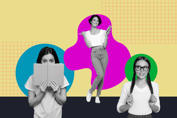 Composite art banner 3d photo collage of happy business partners men girls stand together company manager development teamwork