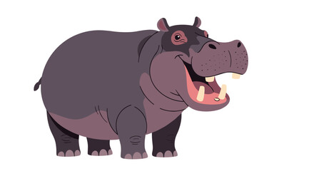 A cheerful cartoon hippopotamus stands smiling with its mouth wide open, showcasing a friendly and playful demeanor in a vibrant illustration.