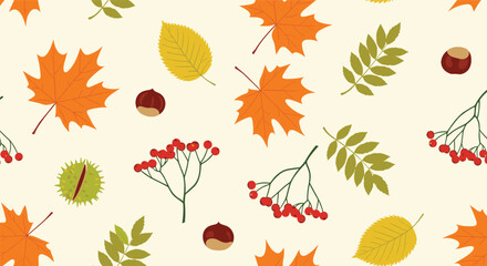 Fototapeta premium A beautiful and detailed seamless autumn pattern featuring a variety of colorful leaves, red berries, and chestnuts, ideal for design.