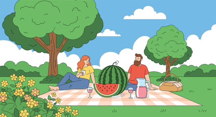 A joyful couple unwinds during a sunny day picnic in a vibrant park, complete with fresh watermelon, drinks, and a cozy blanket.