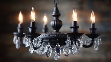 Elegant black chandelier with crystal pendants and glowing candle bulbs