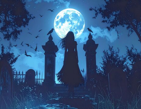 A silhouette of woman in long dark dress stands in graveyard under full moon. Bats fly in the foggy - Powered by Adobe