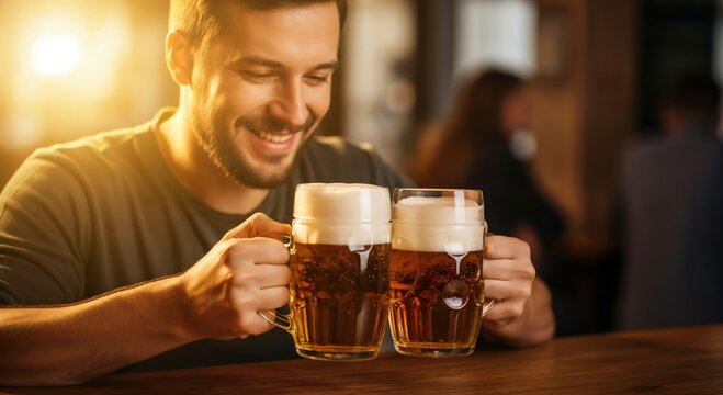 Happy Man Enjoying Two Pints of Beer in a Cozy Bar Setting, Showcasing Joyful Moments and Social Interactions with Friends