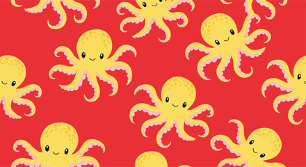Whimsical seamless pattern featuring adorable yellow octopuses with smiling faces, perfect for a fun and vibrant background design.