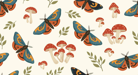 Obraz premium Seamless pattern of beautiful moths with blue and orange wings, red and white fly agaric mushrooms, and green leaves on a cream background.