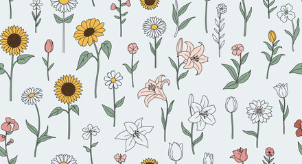 Fototapeta premium A beautiful seamless pattern of hand-drawn flowers, including sunflowers, daisies, lilies, and tulips, featuring soft colors and outlines on a light background.
