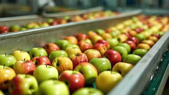 A conveyor belt filled with fresh red and green apples being sorted.