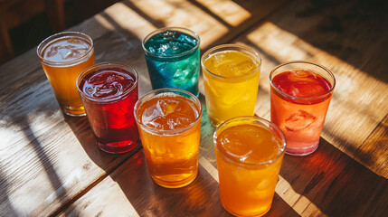 Vibrant refreshing drinks in colorful hues on rustic wood table, perfect for summer promotions, happy hour specials, or fun beverage campaigns