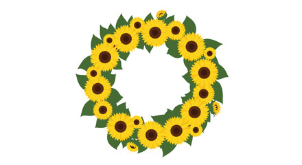 A cheerful circular wreath made of bright yellow sunflowers and green leaves, perfect for summer and autumn decorations.