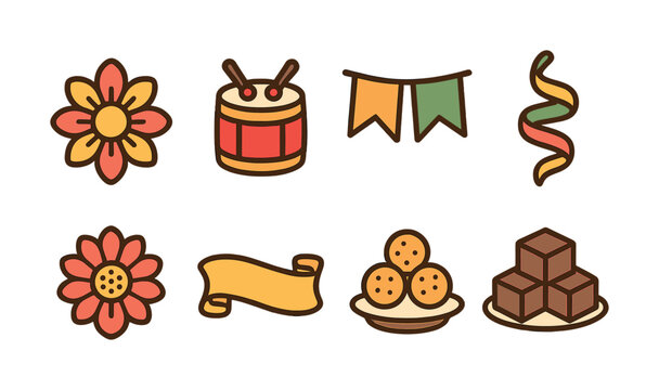 Vector Colorful festival icons: flower, drum, flag, streamer, banner, sweets, chocolate