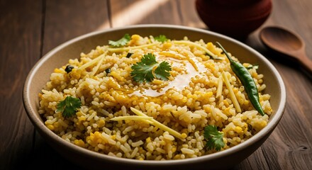 A Plate of Fragrant Vegetable Rice Garnished with Fresh Coriander and Spices, Captured in a Rustic Setting with Wooden Utensils