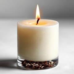 Burning White Candle in Glass Holder with Decorative Bottom Fill