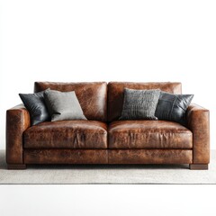 Elegant Brown Leather Sofa with Decorative Pillows on White Background