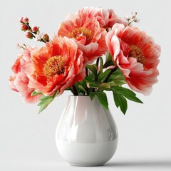 Elegant Bouquet of Coral Peonies in White Vase on White Background