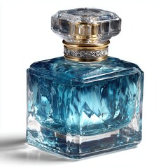 Elegant Blue Perfume Bottle with Crystal Cap on White Background
