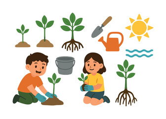 Vector Children planting and gardening activities with tools and nature elements
