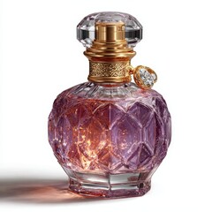 Elegant Perfume Bottle with Faceted Glass and Gold Accents on White