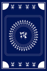 Beautiful warli art concept of dancing people isolated on blue background - vector illustration