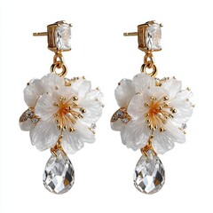 Elegant Flower Drop Earrings with Crystals and Gold Accents on White