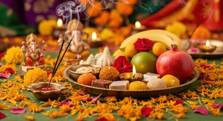 A Vibrant Festive Table Setting Displaying Traditional Indian Sweets, Fruits, Flowers, and Incense for a Cultural Celebration