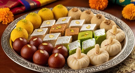 A Beautiful Platter of Assorted Traditional Indian Sweets: Ladoos, Burfis, and Other Delicacies Perfect for Celebrations and Festive Occasions