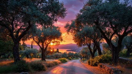Beautiful sunset over road lined with olive trees, Corfu, Greece