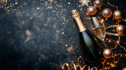 Elegant New Year Celebration Champagne Bottle And Accessories On Dark Background