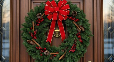 Beautiful Christmas Wreath with Red Bow and Decorative Elements Hanging on a Wooden Front Door During Winter Sunset