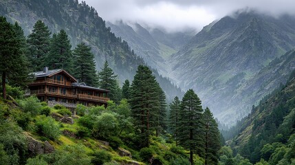 Luxury Log Cabin Home in the Mountains on a Misty Day