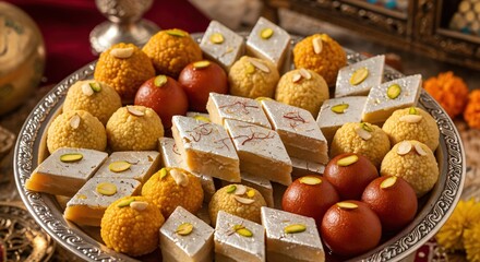 A Lavish Indian Sweets Platter Featuring Assorted Desserts Such As Gulab Jamun, Barfi, and Ladoo, Perfectly Arranged for Festive Celebrations