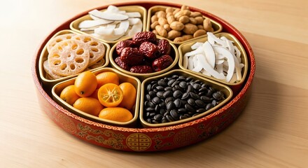 A Colorful Assortment of Dried Fruits, Nuts, and Seeds in an Elegant Round Tray on a Wooden Surface, Traditional Snack Platter, Perfect for Gatherings and Celebrations