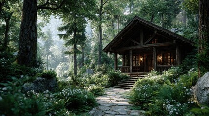 Rustic Log Cabin in Lush Forest with Stone Path and Sunlight