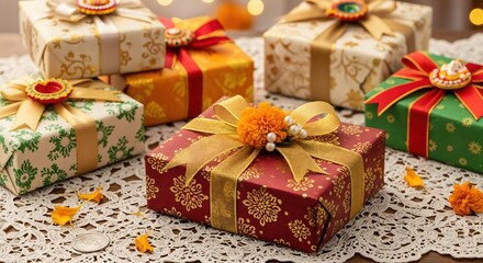 Colorful Gift Boxes on a Decorative Tablecloth with Golden Accents in a Cozy, Festive Atmosphere, Perfect for Celebrations and Gift-Giving Occasions