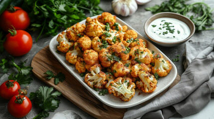 Fototapeta premium Roasted Cauliflower with Garlic and Herbs Served with Fresh Yogurt Dip