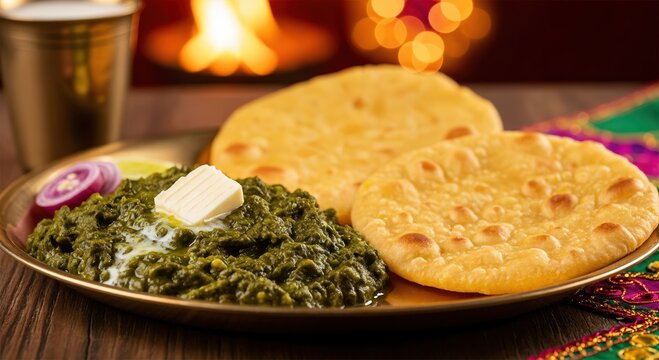 Delicious Plate of Sarson da Saag and Makki di Roti Served with Fresh Butter, Traditional Punjabi Cuisine, Perfect for Winter Celebrations
