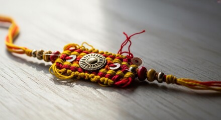 A Colorful Handcrafted Rakhi with Intricate Patterns and Traditional Design, Featuring Vibrant Threads and Decorative Elements, Symbolizing Love and Brotherhood