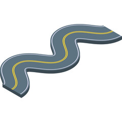 A Winding Asphalt Road with Yellow Center Lines on a Transparent Background Illustrating a Serpentine Path