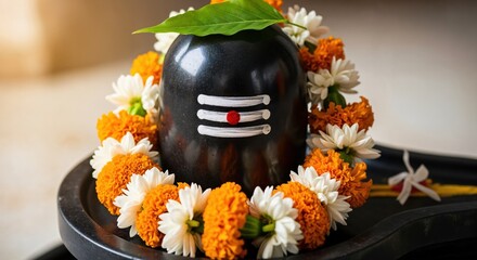 A Traditional Hindu Shivling Idol Decorated with Marigold Flowers and Fresh Leaves, Symbolizing Devotion and Worship in a Sacred Setting