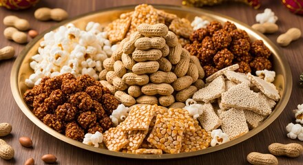 An Exquisite Display of Traditional Snack Foods: A Brass Platter Overflowing with Variety Including Peanuts, Popcorn, and Sweet Treats, Perfect for Festive Gatherings