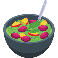 A Vibrant Fresh Green Salad In A Dark Bowl With Sliced Peaches And Berries And A Spoon Ready To Serve With A Healthy Lifestyle Concept