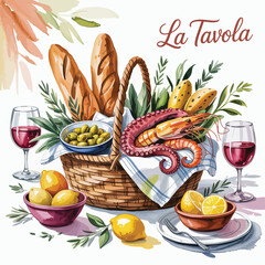 A vibrant set of food and drinks on a table features a healthy breakfast with fresh fruit, bread, cheese, a red apple, coffee, and a glass of milk