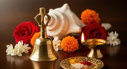 Traditional Indian Puja Setup with Brass Bell, Decorative Shell, Floral Arrangements, and Oil Lamp on a Wooden Platform