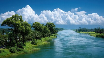 Picturesque River Landscape with Lush Greenery and Dramatic Cloudscape
