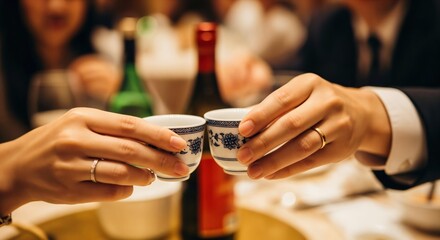 Celebration of Friendship: Close-up of Two People Clinking Traditional Sake Cups in a Festive Atmosphere at a Banquet Table, Signifying Joy and Connection